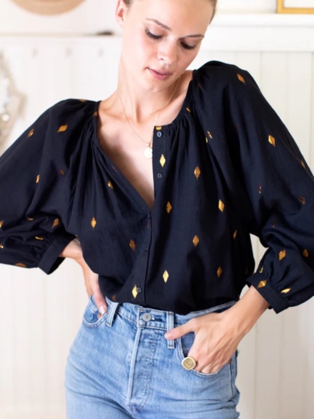 Emerson Fry India Collection Blouse Frances Button Down in Gold Leaf Black